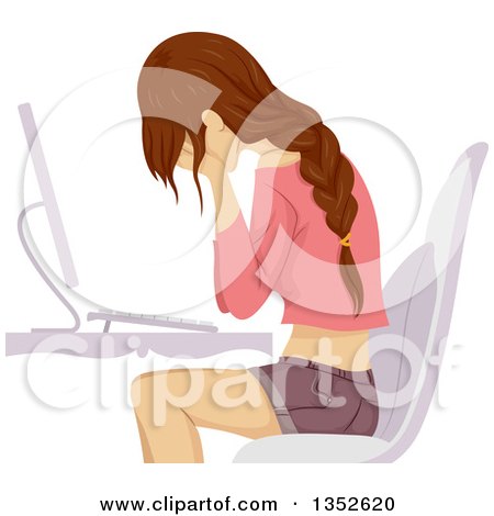Clipart of a Sad Teenage Girl Crying at a Computer - Royalty Free Vector Illustration by BNP Design Studio