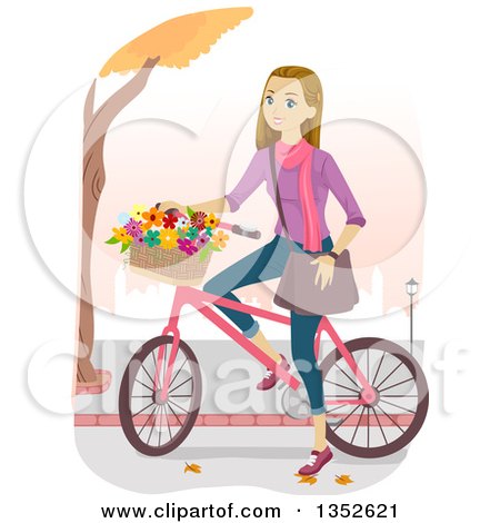 Clipart of a Happy Caucasian Teenage Girl Riding a Bike with a Basket of Flowers - Royalty Free Vector Illustration by BNP Design Studio