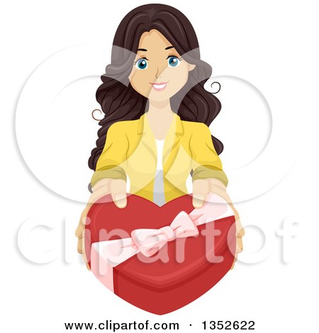 Clipart of a Sweet Brunette Caucasian Woman Holding out a Valentines Day Box of Chocolates - Royalty Free Vector Illustration by BNP Design Studio