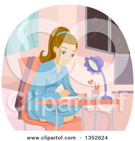 Clipart of a Dirty Blond Caucasian Teenage Girl Studying in Her Pajamas - Royalty Free Vector Illustration by BNP Design Studio