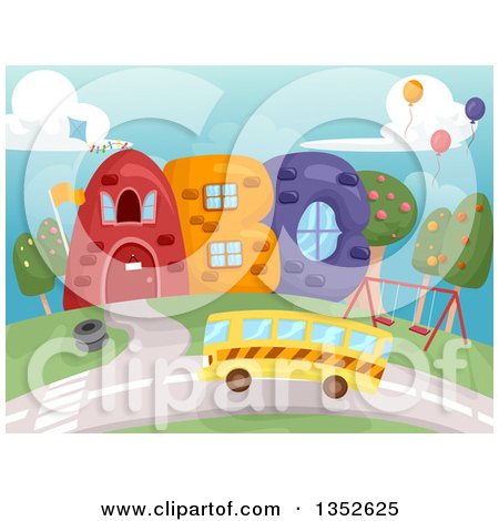 Clipart of a School Bus Approaching a Building of ABC - Royalty Free Vector Illustration by BNP Design Studio