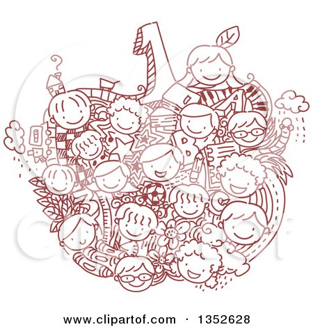 Clipart of a Sketched Apple Formed of Children and School Items - Royalty Free Vector Illustration by BNP Design Studio
