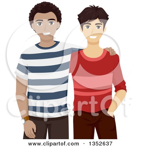 Clipart of Caucasian and African American High School Buddies Embracing - Royalty Free Vector Illustration by BNP Design Studio