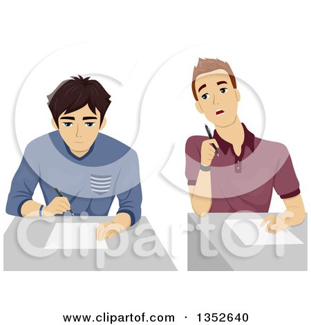 Clipart of an Annoying Teenage Student Looking over Another Guy's Paper - Royalty Free Vector Illustration by BNP Design Studio