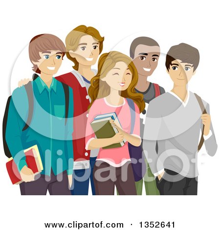 Clipart of a Group of Happy High School Guys Around a Pretty Girl - Royalty Free Vector Illustration by BNP Design Studio