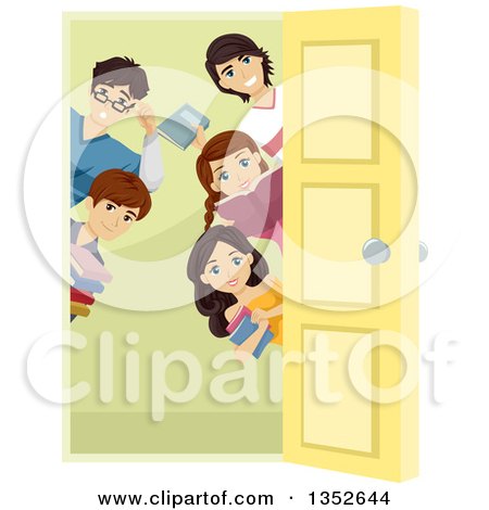 Clipart of a Group of Happy High School Students Welcoming at a Door - Royalty Free Vector Illustration by BNP Design Studio