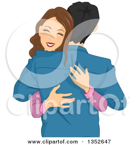 Clipart of a Happy Brunette Caucasian Woman Hugging Her Boyfriend or Husband - Royalty Free Vector Illustration by BNP Design Studio