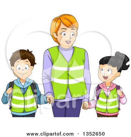 Clipart of a Female Crosswalk Guard Holding Hands with Students - Royalty Free Vector Illustration by BNP Design Studio