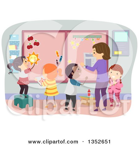 Clipart of a Teacher and Students Decorating a Bulletin Board - Royalty Free Vector Illustration by BNP Design Studio