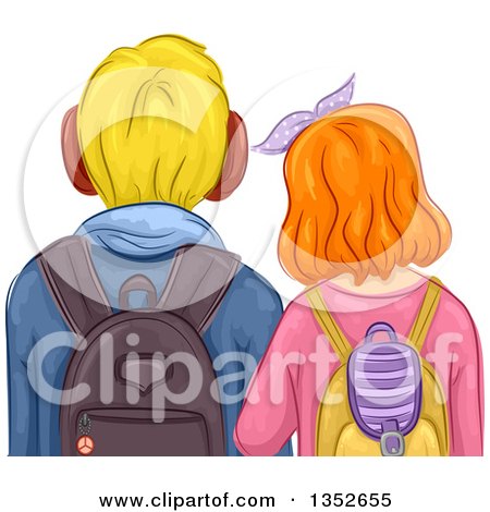 Clipart of a Rear View of a Caucasian Boy and Girl Student Couple - Royalty Free Vector Illustration by BNP Design Studio