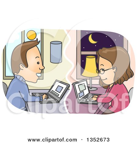 Clipart of a Cartoon Happy Brunette White Couple Chatting Online - Royalty Free Vector Illustration by BNP Design Studio