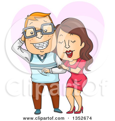 Clipart of a Cartoon Sexy Brunette Caucasian Woman Attracted to a Geeky Man with Braces and Glasses - Royalty Free Vector Illustration by BNP Design Studio