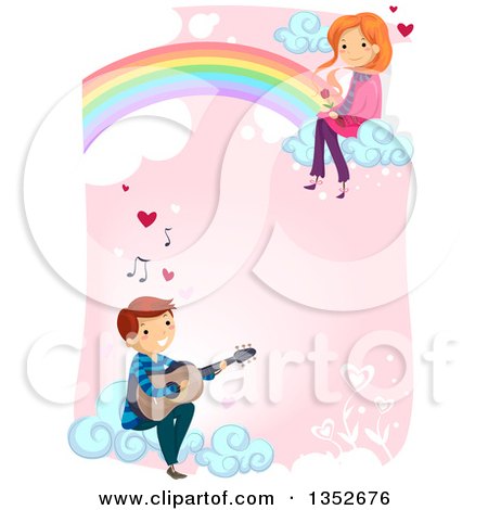 Clipart of a Young Man Playing a Guitar for a Girl Sitting on a Rainbow, over Pink - Royalty Free Vector Illustration by BNP Design Studio