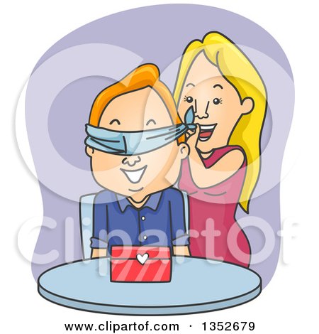 Clipart of a Cartoon Valentine Couple, the Woman Surprising the Man with a Gift - Royalty Free Vector Illustration by BNP Design Studio