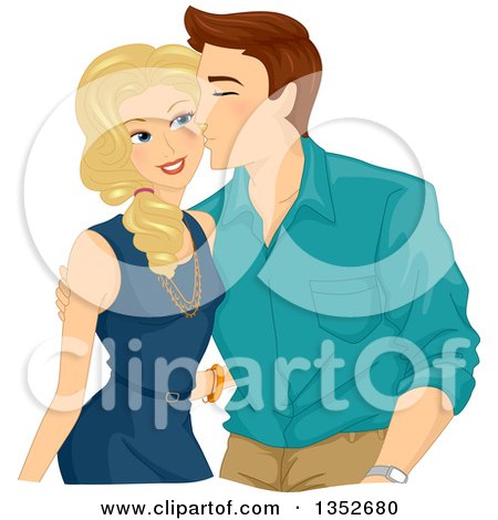 Clipart of a Sweet Brunette Caucasian Man Kissing a Beautiful Blond Woman on the Cheek - Royalty Free Vector Illustration by BNP Design Studio