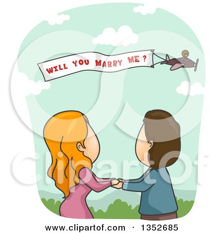 Clipart of a Plane Flying a Proposal Banner Under a Cartoon Couple - Royalty Free Vector Illustration by BNP Design Studio