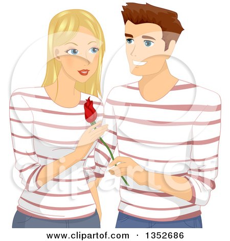 Clipart of a Romantic Matching Caucasian Couple, the Man Giving a Rose to the Woman - Royalty Free Vector Illustration by BNP Design Studio