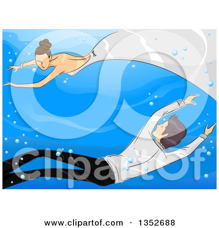 Clipart of a Sketched Bride and Groom Swimming Underwater - Royalty Free Vector Illustration by BNP Design Studio