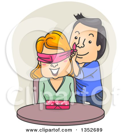 Clipart of a Cartoon Valentine Couple, the Man Surprising the Woman with a Gift - Royalty Free Vector Illustration by BNP Design Studio