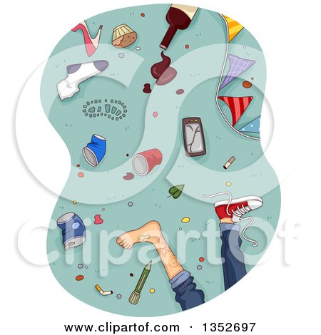 Clipart of a Boy's Legs and a Mess on a Floor After a Party - Royalty Free Vector Illustration by BNP Design Studio