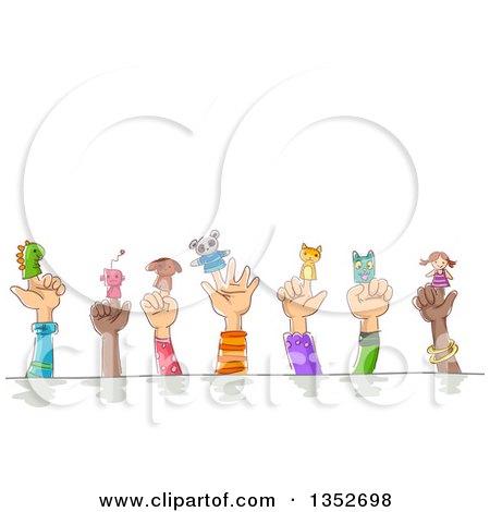 Clipart of a Row of Sketched Child Hands with Finger Puppets, Under Text Space - Royalty Free Vector Illustration by BNP Design Studio