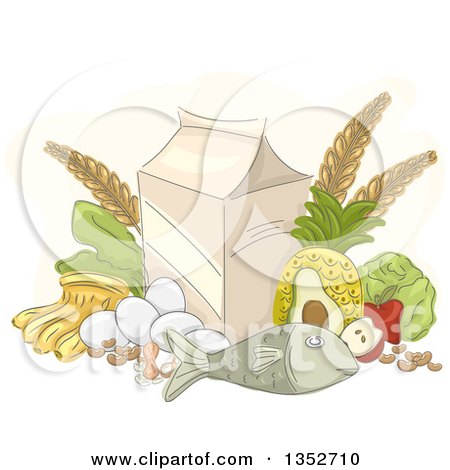 Clipart of a Sketched Still Life of Fish, Produce, Eggs and a Carton - Royalty Free Vector Illustration by BNP Design Studio