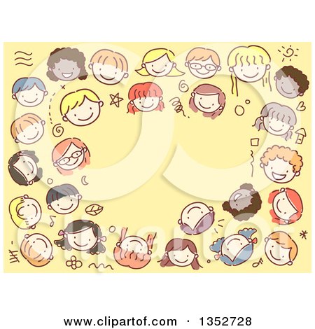 Clipart of a Doodled Border of Kid Faces over Yellow - Royalty Free Vector Illustration by BNP Design Studio
