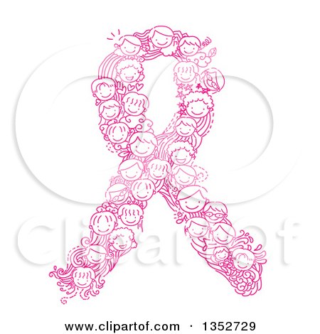 Clipart of a Doodled Pink Cancer Awareness Ribbon Made of Children - Royalty Free Vector Illustration by BNP Design Studio