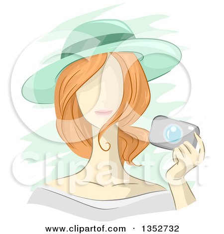 Clipart of a Sketched Red Haired Caucasian Woman Wearing a Sun Hat and Holding a Camera - Royalty Free Vector Illustration by BNP Design Studio
