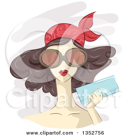 Clipart of a Sketched Brunette Caucasian Woman Wearing a Bandana and Big Glasses, Holding a Clutch - Royalty Free Vector Illustration by BNP Design Studio
