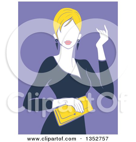 Clipart of a Blond Fashionable Woman Holding a Yellow Hand Bag over Purple - Royalty Free Vector Illustration by BNP Design Studio
