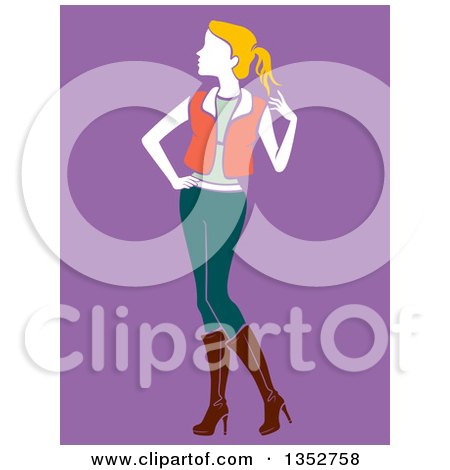 Clipart of a Stylish Blond Woman Posing over Purple - Royalty Free Vector Illustration by BNP Design Studio