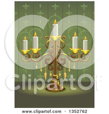 Clipart of a Gold Ornate Candelabra with Candles over Green Wallpaper - Royalty Free Vector Illustration by BNP Design Studio