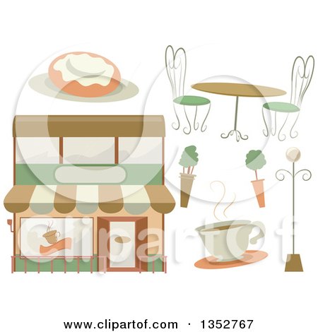 Clipart of a Cafe Building, Coffee, Shrubs, Table, Roll and Lamp - Royalty Free Vector Illustration by BNP Design Studio