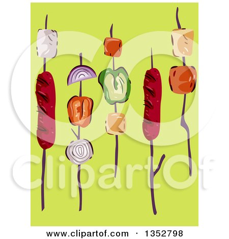 Clipart of Meat and Vegetable Kebabs over Green - Royalty Free Vector Illustration by BNP Design Studio