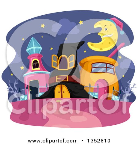 Clipart of Wizard Houses Under a Crescent Moon - Royalty Free Vector Illustration by BNP Design Studio