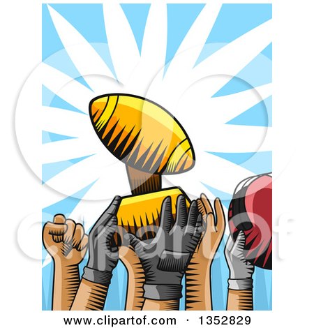Clipart of Woodcut Football Team Hands Holding up a Trophy - Royalty Free Vector Illustration by BNP Design Studio