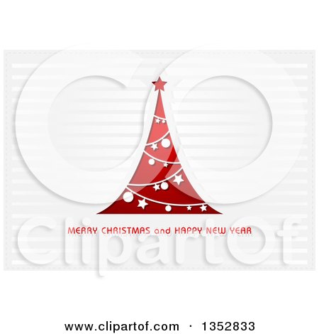 Clipart of a Merry Christmas and Happy New Year Greeting Under a Red and White Tree over Stripes - Royalty Free Vector Illustration by dero