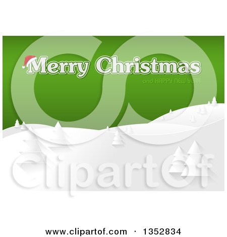 Clipart of a Merry Christmas and Happy New Year Greeting with a Santa Hat over Gold and Snowy Hills with Evergreens - Royalty Free Vector Illustration by dero