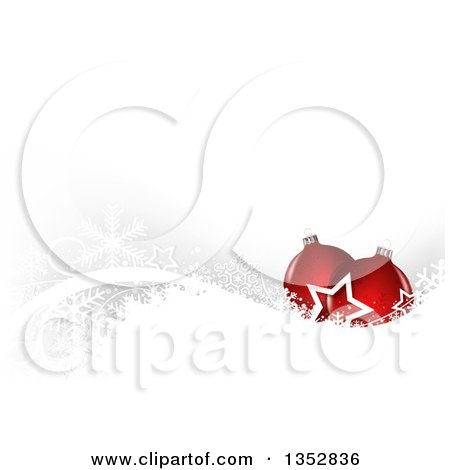 Clipart of a Christmas Background of 3d Red Baubles over Snowflakes on Gray - Royalty Free Vector Illustration by dero