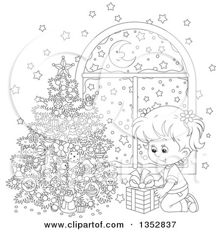 Clipart of a Cartoon Black and White Girl Putting a Christmas Gift Under a Tree by a Window with Snow Outside - Royalty Free Vector Illustration by Alex Bannykh
