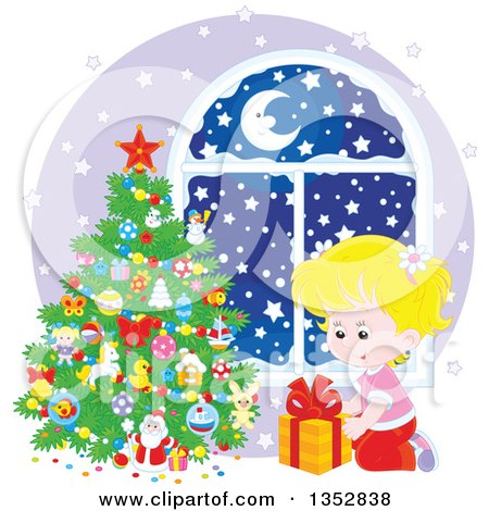 Clipart of a Blond Caucasian Girl Putting a Christmas Gift Under a Tree by a Window with Snow Outside - Royalty Free Vector Illustration by Alex Bannykh