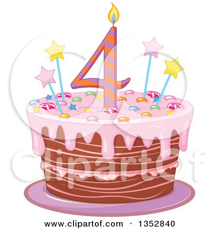 Clipart of a Fourth Birthday Cake with a Number Candle, Stars, Candy and Pink Frosting - Royalty Free Vector Illustration by Pushkin
