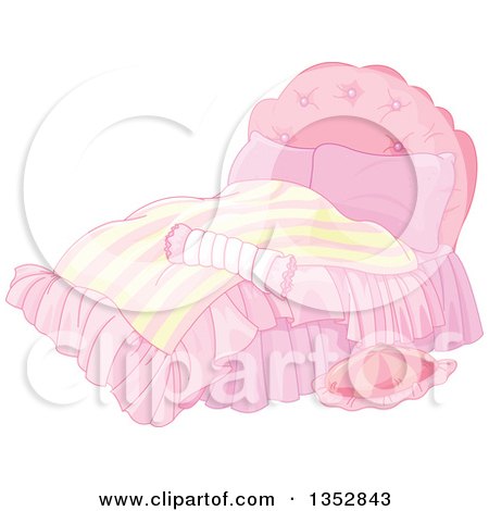 Clipart of a Princess Bed with a Pink and Yellow Striped Comforter - Royalty Free Vector Illustration by Pushkin