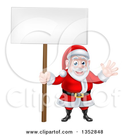 Clipart of a Cartoon Christmas Santa Claus Waving and Holding a Blank Sign - Royalty Free Vector Illustration by AtStockIllustration
