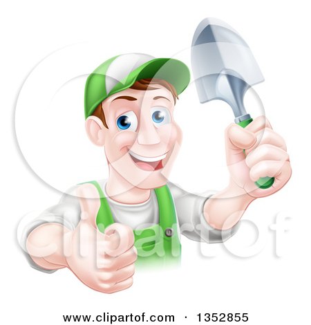 Clipart of a Happy Middle Aged Brunette White Male Gardener in Green, Giving a Thumb up and Holding a Shovel - Royalty Free Vector Illustration by AtStockIllustration