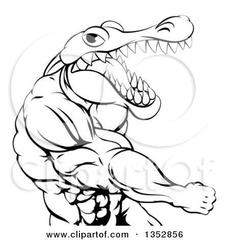 Clipart of a Black and White Tough Muscular Crocodile or Alligator Man Monster Punching - Royalty Free Vector Illustration by AtStockIllustration