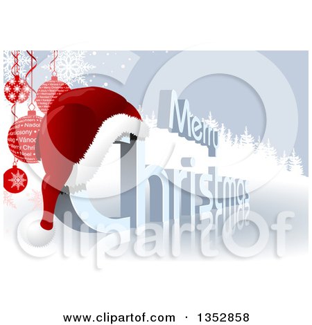 Clipart of a 3d Merry Christmas Greeting with a Santa Hat over a Reflective Ice Surface, with Suspended Baubles and Evergreen Trees - Royalty Free Vector Illustration by dero