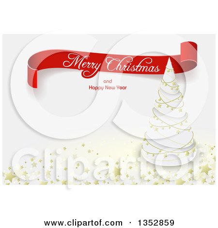 Clipart of a Red Merry Christmas and Happy New Year Greeting Ribbon Banner over a White Tree with Gold Garlands and Stars - Royalty Free Vector Illustration by dero