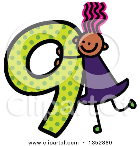 Clipart of a Doodled Toddler Art Sketched Pink Haired Black Girl on a Giant Green Polka Dot Number Nine - Royalty Free Vector Illustration by Prawny